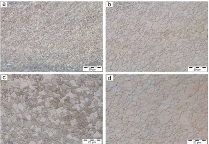 Fig. 7. Optical microscopy images of rolled samples after ﬁnal pass of I-ECAP at 150 °C followed by annealing for 1 h at 150 °C (a), 200 °C (b), 250 °C (c), and 300 °C (d).