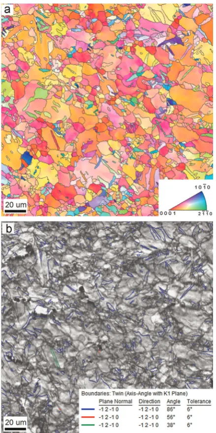 Fig. 11. EBSD (a) and twin grain boundaries (b) maps of the extruded and I-ECAPedsample (4 passes at 250 °C by route C) followed by annealing (6 h at 300 °C) pulledto true strain of 0.15