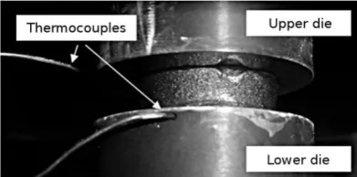 Fig.  2. The sample placed between dies with attached thermocouples just before  compression