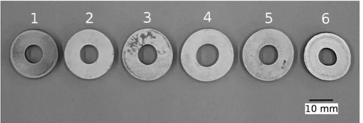 Fig.  7. Samples after compression tests with various lubricants: 1 – Formkote (without conversion coating), 2 – Molykote, 3 – Loctite 8008, 4 – Loctite 8009, 5 – Rocol, 6 – Rocol 