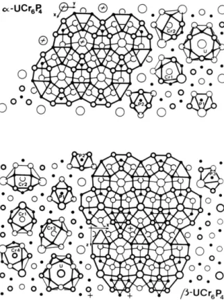 Fig.  1.  Crystal structures and coordination polyhedra o f  the  low  (a)-  and  high  (/?)-temperature  m odifications  o f  U Cr 6 P4