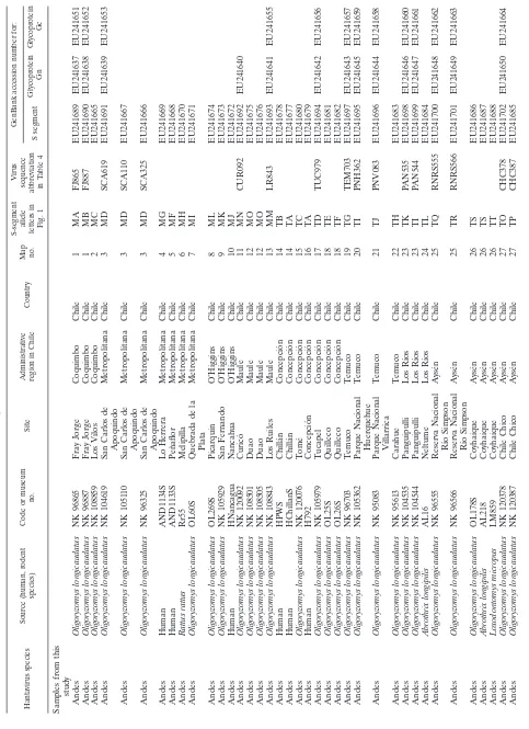 TABLE 2. Detailed information on the samples used in this study including hantavirus species, source of the viral RNA (human or rodent), location, map number, allele letters in Fig