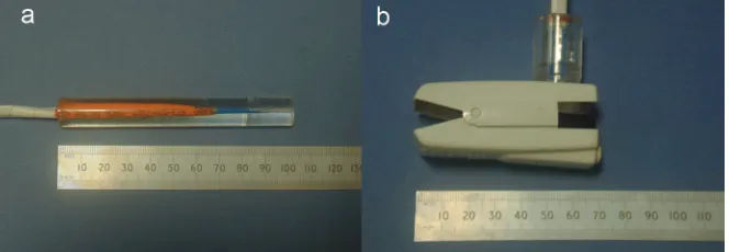 Figure 1. Photographs of (a) the developedreﬂectance ﬁberoptic splanchnic pulse oxi-metry sensor, and (b) the reﬂectance ﬁber-optic ﬁnger pulse oximetry sensor.