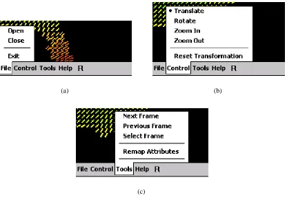Figure 5.3: Application Menus: (a) The File menu allows for loading / unloading of data sets; (b) The Controlmenu allows for changing transformation modes; (c) The Tools menu allows for frame selection and modiﬁcationof the data-feature mapping.