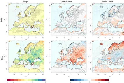 Figure 5. Biases of seasonal means of Evapotranspiration (left), Latent (centre) and Sensible Heat (right) ﬂuxes, between the CCLM sim-ulations and the GLDAS data set, calculated for the reference period 1991–2000