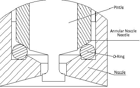Figure 1.10: Cross section of the distal portion of the third-generation VGS prototype, showing the annular nozzle needle pressed against the O-ring to block flow  