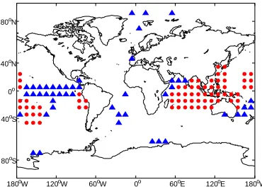 Figure 2.3:Spatial points selected in the month of October to construct the climate network.Blue triangles indicate spatial points selected only for individual stations and red circles indicatespatial points in the consensus set.