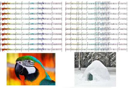 Figure 9. Categories and the pressure of environment. Inventories of 10 individualsand linguistic (long vertical lines) category boundaries is superimposed to a coloredhistogram indicating the relative frequency of stimuli