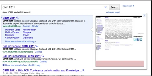 Figure 1. Search results in Google. This interface makes use of a number of scent cues: Textual cues (e.g