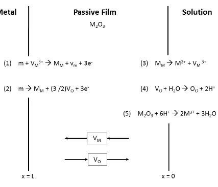 Figure 3-2: Elementary reactions responsible for growth and dissolution of the passive film according to the PDM, adapted from [44], [47]