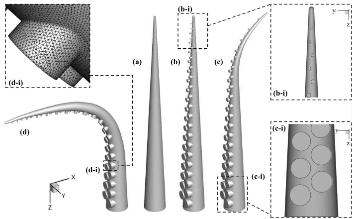 Figure 2.(a) Simpliﬁed octopus-like arm. (b-d) Octopus-like arm models, including pairs of cylindricalprotrusions at the upstream face, positioned in a staggered conﬁguration (oblique projection); (b) straightarm, (c) partially bent (convex) arm, (d) fully