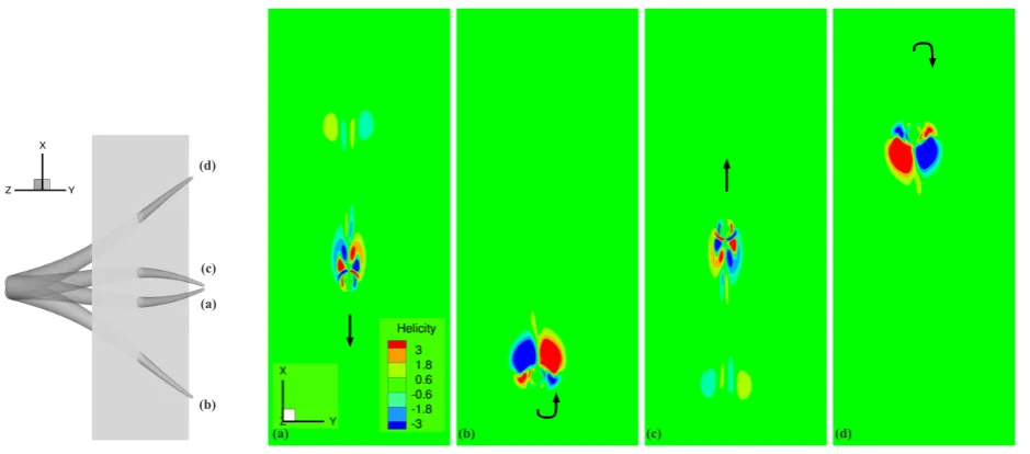 Figure 6: Evolution of vortical structures visualized according to helicity, on a ﬁxed plane near the middle of the arm,