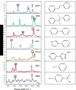 Figure 2 - SERS spectra and structures of all Raman reporters analysed with HGN 824 + KCl