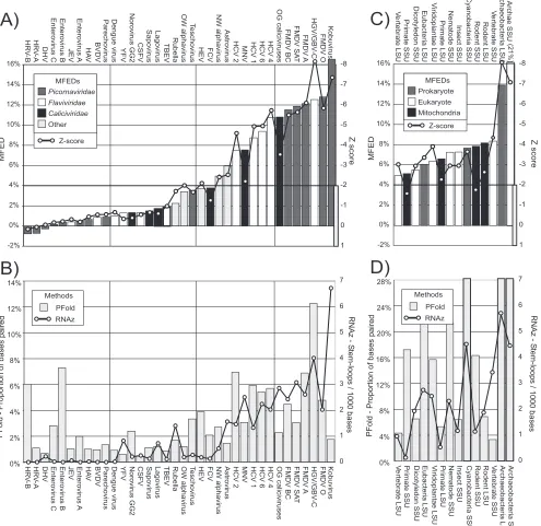 FIG. 2. Prediction of RNA structure in virus sequence alignments. Shown are the RNA structure predictions in alignments of native sequencesfor the 36 virus and 14 rRNA alignments listed in Table 1