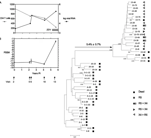FIG. 1. Genetic distance between sequential envinfection of MT-2.CCR5of R5X4 tropism is indicated by the symbols for R5 or X4