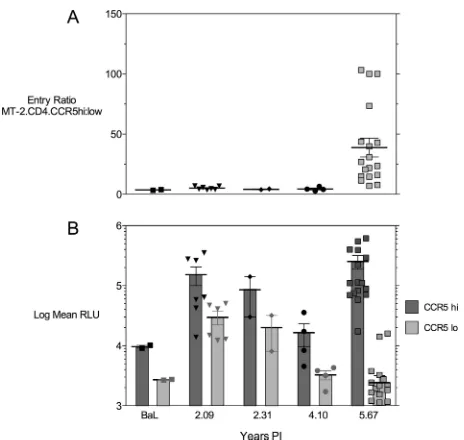 FIG. 5. Entry efﬁciency of Env-pseudotyped virus on target cellsexpressing high or low levels of CCR5