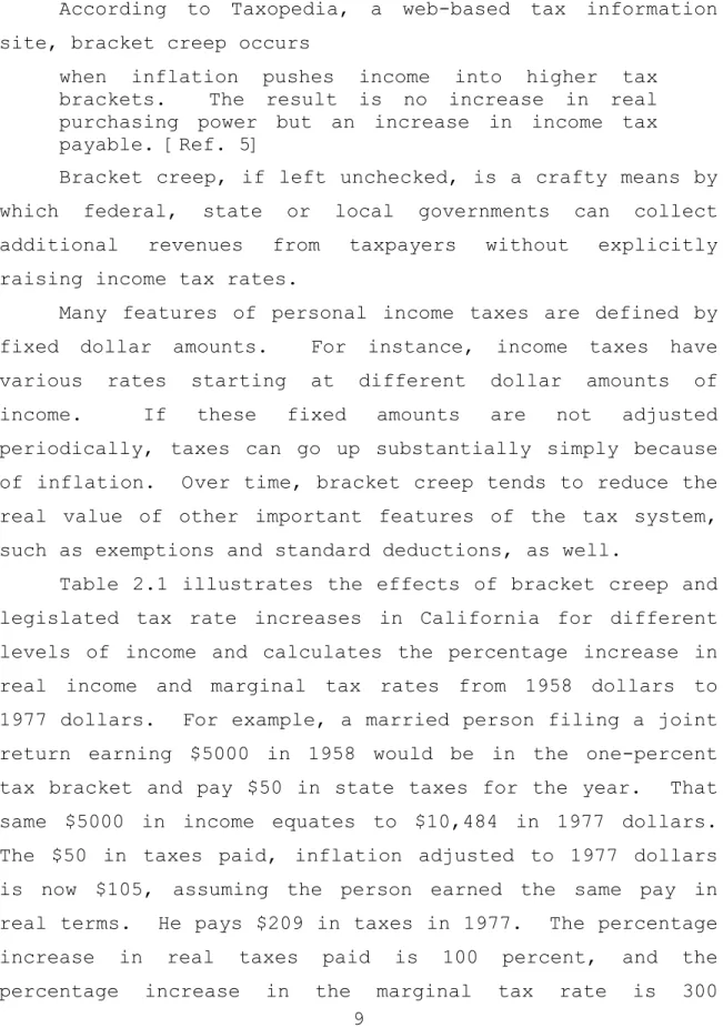 Table 2.1 illustrates the effects of bracket creep and  legislated tax rate increases in California for different  levels of income and calculates the percentage increase in  real income and marginal tax rates from 1958 dollars to  1977 dollars