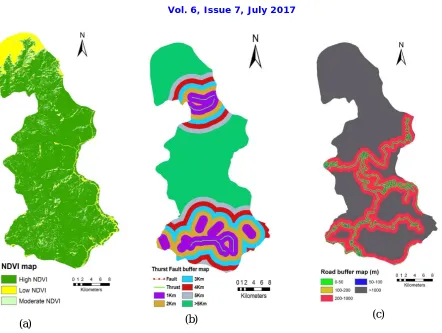 Figure 4 (a) Normalized Difference Vegetation Index (NDVI) after classification into High, Low and Moderate NDVI (b) Thrust Fault buffer map with buffer zone of 1km, 2km, 3km, 4km, 5km and more than 5km