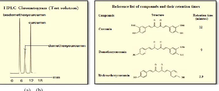 Fig. 2 (a) represents spot visualization for purified turmeric extract using TLC. Total three spots were visualized labelled as curcumin, demethoxycurcumin and bisdemethoxycurcumin, respectively