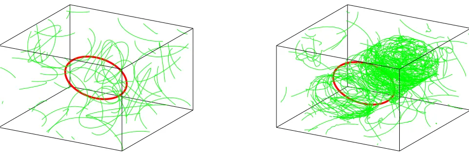 Fig. 1: Left: Normal-ﬂuid vortex ring (thick line) and superﬂuid vortex rings of similar diameter at t = 0