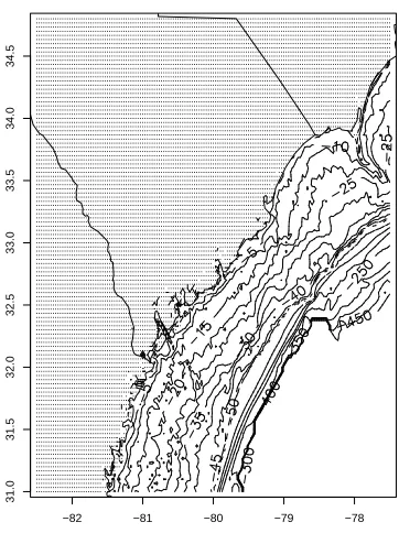 Figure 1.2: Bathymetry (in meters) for model domain.
