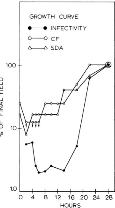 FIG.HOURSMonolayersPFU/ml;2sayedmaximumVirusof hr, 5 1. Growth curve of measles virus in AV3 cells
