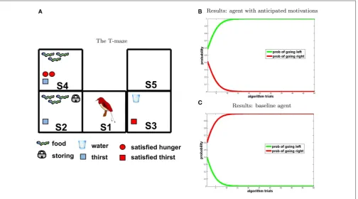 Figure 6 | experiment 3. (A) T-maze. (B,C) Results [(A) agent with anticipated motivations; (B) baseline model], “going right” = red; “going left” = green.