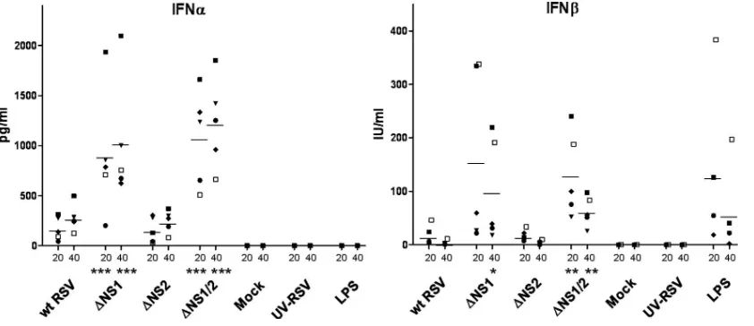FIG. 2. Concentration of IFN-�bars. Statistically signiﬁcant differences compared to wt RSV are indicated:at an input MOI of 2, or mock treatment, inoculation with an equivalent amount of wt RSV that had been inactivated with UV irradiation, ortreatment wi