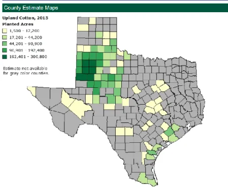 Figure 1: Map of Planted Acres in Texas in 2015 (USDA NASS 2015) 