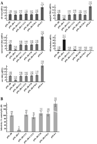 FIG. 2. A) qPCR analysis of the viral mRNA transcripts transcribed by each proviral clone