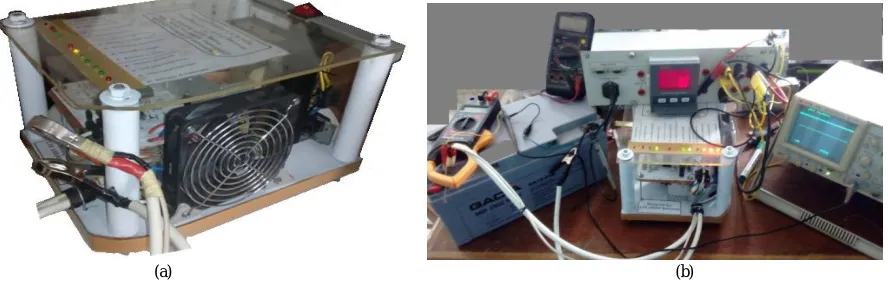 Figure 10 (a) Picture of the Embedded Fuzzy Logic Charger Controller implemented  (b) a Picture of the Prototype charging a lead acid battery while  an energy analyser, clamp meter, Oscilloscope and multimeter are uses to log its energy transfer