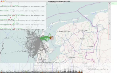 Figure 2: Screenshot, showing the movement of 8 sea gulls over a 4 week period (~66,000 GPS points), whose tracks are segmented into ‘journeys’ from the next