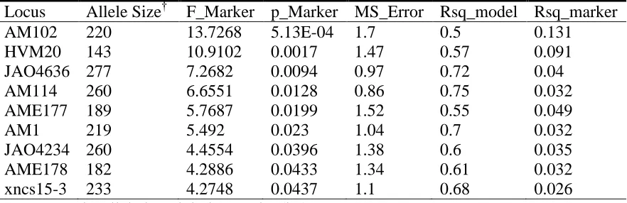 Table 3.3: Mixed Linear Model data given by TASSEL 2.1 for marker trait association 