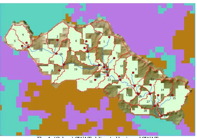 Fig. 1. (Colour) SWAT-delineated basin and SWAT  