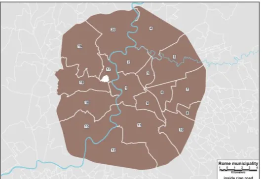 Figure 3: The 18 zones of the Rome study area, source: Rome Mobility Agency  
