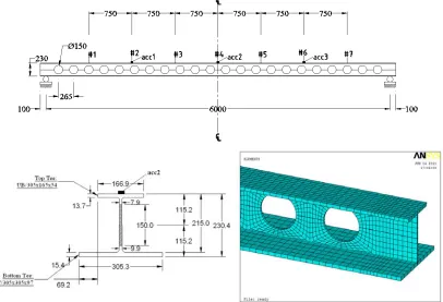 Fig. 2: Longitudinal view, cross-sectional properties and finite element mesh of the USFB considered for experimental modal testing (units in mm)   