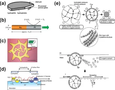 Figure 1.8. Examples of spontaneously propelling artificial nano- and micromachines.  (a) Schematic of a self-propelling machine consisting of a PDMS plate (1 ~ 2 mm thick and 9 