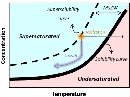 Figure 1. Phase diagram highlighting the supersaturated, saturated and stable undersaturated 