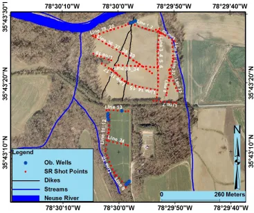 Figure 13: Seismic refraction traverses conducted at study site  (Label orientation indicates line direction) 
