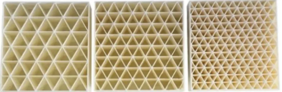 Fig. 2 PLA bricks printed with different triangular infill densities on an Ultimaker 3, from left to right: 0.18, 0.22, 0.33