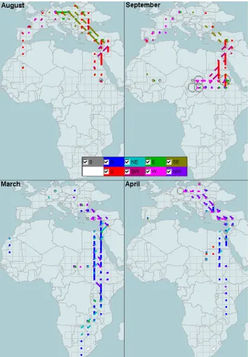 Figure 6. The directional bar diagrams show the stork movement data aggregated by grid cells (S), 