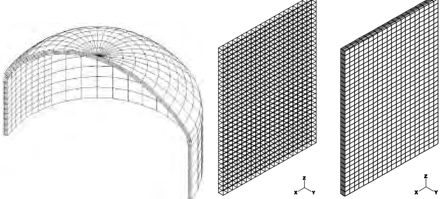 Fig. 2.2 ADINA FE models of a containment structure and a flat wall (left: reinforcing bars, right: concrete volume elements) 