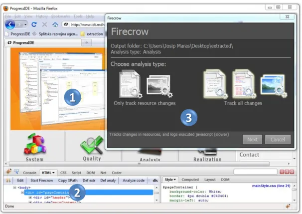 Figure 4. Firecrow plugin: Mark 1 shows the web page chosen for extraction, mark 2 Firebug’s HTML panel used for selecting controls, and mark 3 Firecrow’s UI