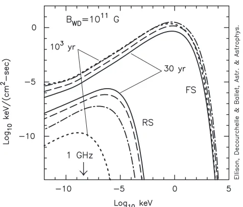 Fig. 8. Integrated synchrotron emission for a diluted ejecta magneticted curves). The upper set of curves is from the forward shock andthe lower set is from the reverse shock