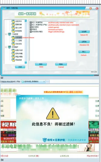Figure 1. Green Dam Web flter. (a) Users or network administrators can choose to block or admit access to fve categories of Web content