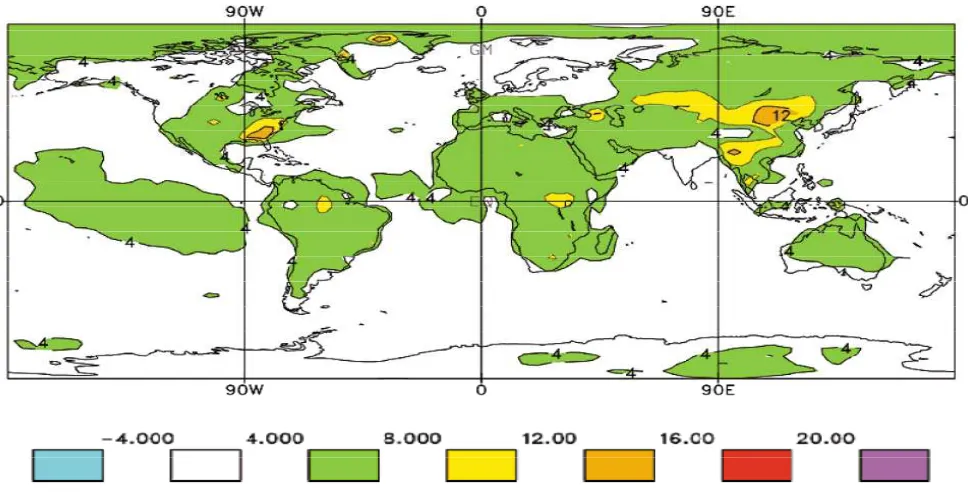 Figure 3: The change in 20-year return values for daily maximum surface air temperature(◦C) simulated in a global coupled atmosphere-ocean model (CGCM1) in 2080 to 2100relative to the reference period 1975 to 1995 (graph from IPCC third report).Contourinte