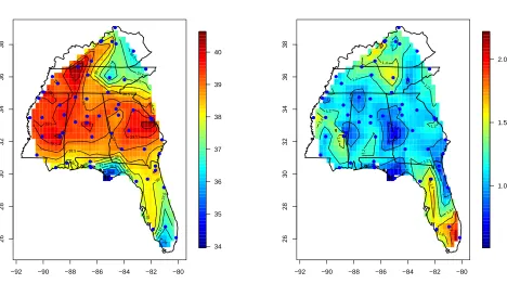 Figure 4: Mean and SD of the yearly maximum surface air temperature values (◦C) usingdata from years 1978-2007