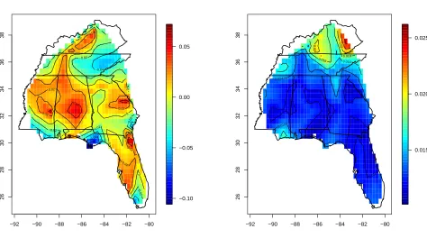 Figure 6: Posterior mean and standard deviation of the spatially-varying coeﬃcient in thelocation parameter that multiplies the temporal trend, using the nonstationary Gaussiancopula framework.