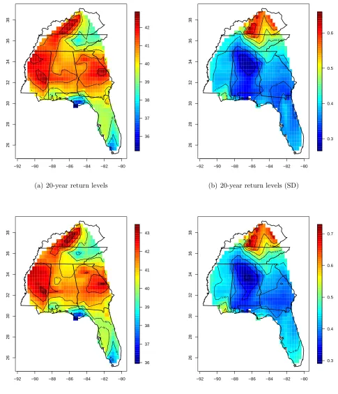 Figure 8: Graphs (a) and (b) present the mean and SD of the posterior distribution for the20 year-return levels for surface air temperature (◦C), respectively, using a nonstationaryGaussian copula