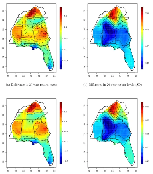 Figure 9: Graphs (a) and (b) present the mean and SD of the posterior distribution for thediﬀerence in the 20-year return levels for surface air temperature (Gaussian copula